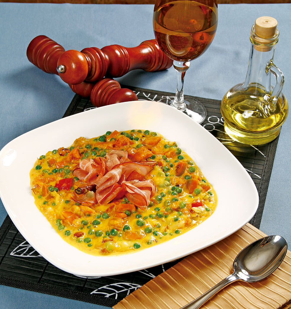 Estofado de hortalizas, jamón y queso